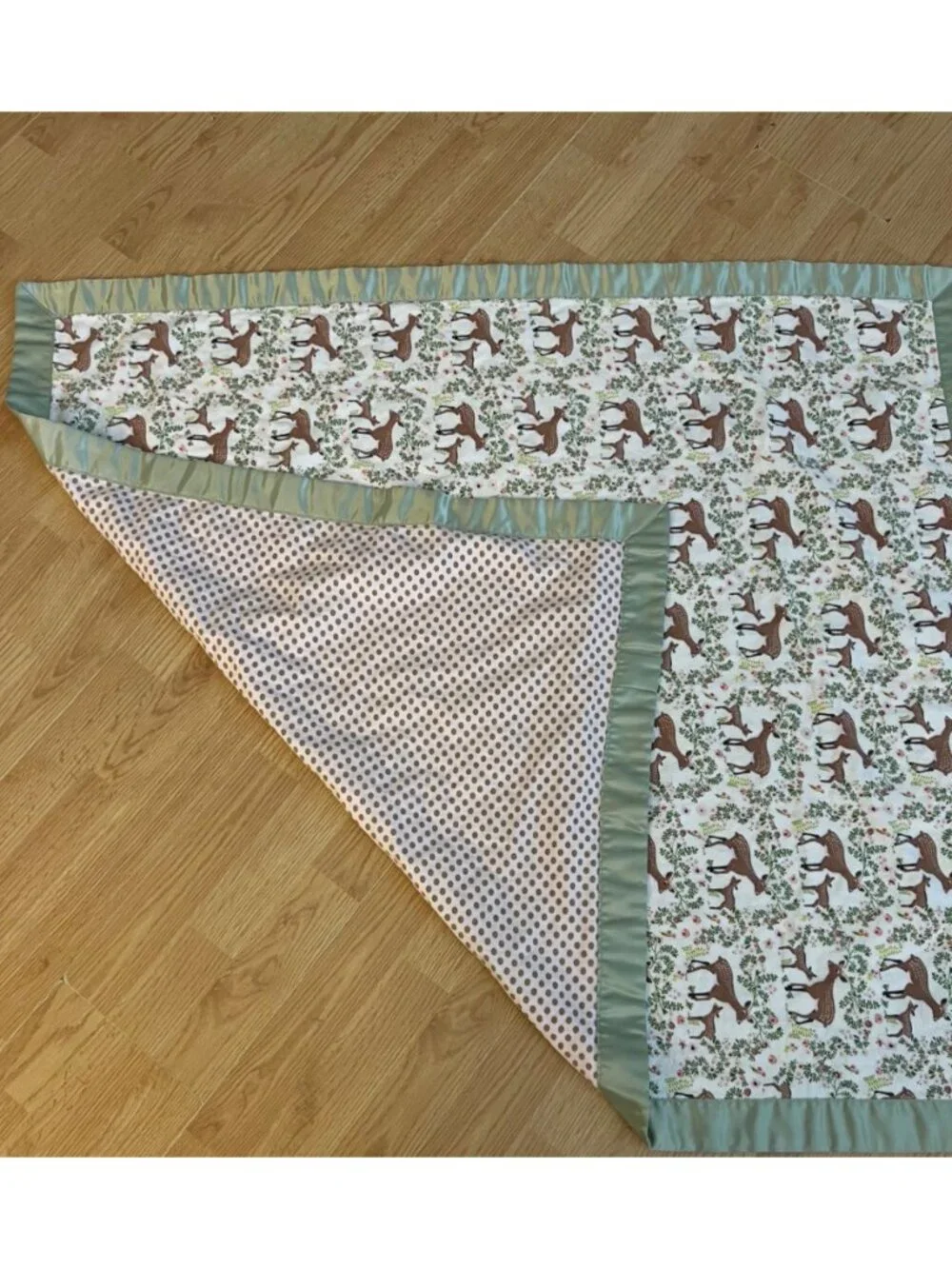 Baby Blanket Deer Pattern Satin Trim Vintage Green & Brown  Handmade Reversible